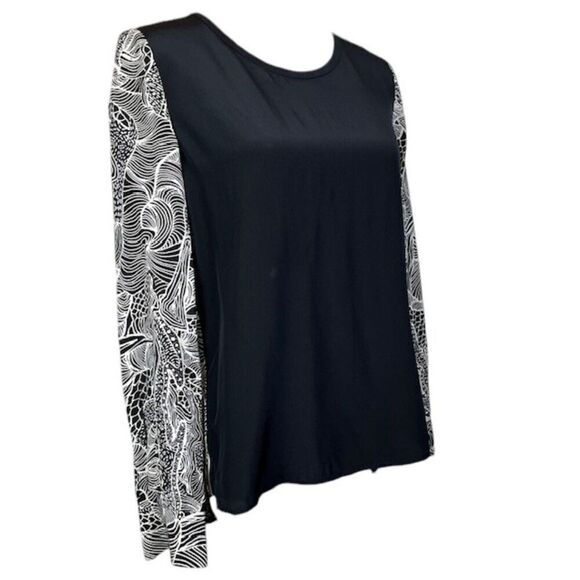Diane von Furstenberg Silk Colorblock Blouse Black w/ Print Sleeves Back Size 4 - Picture 1 of 12
